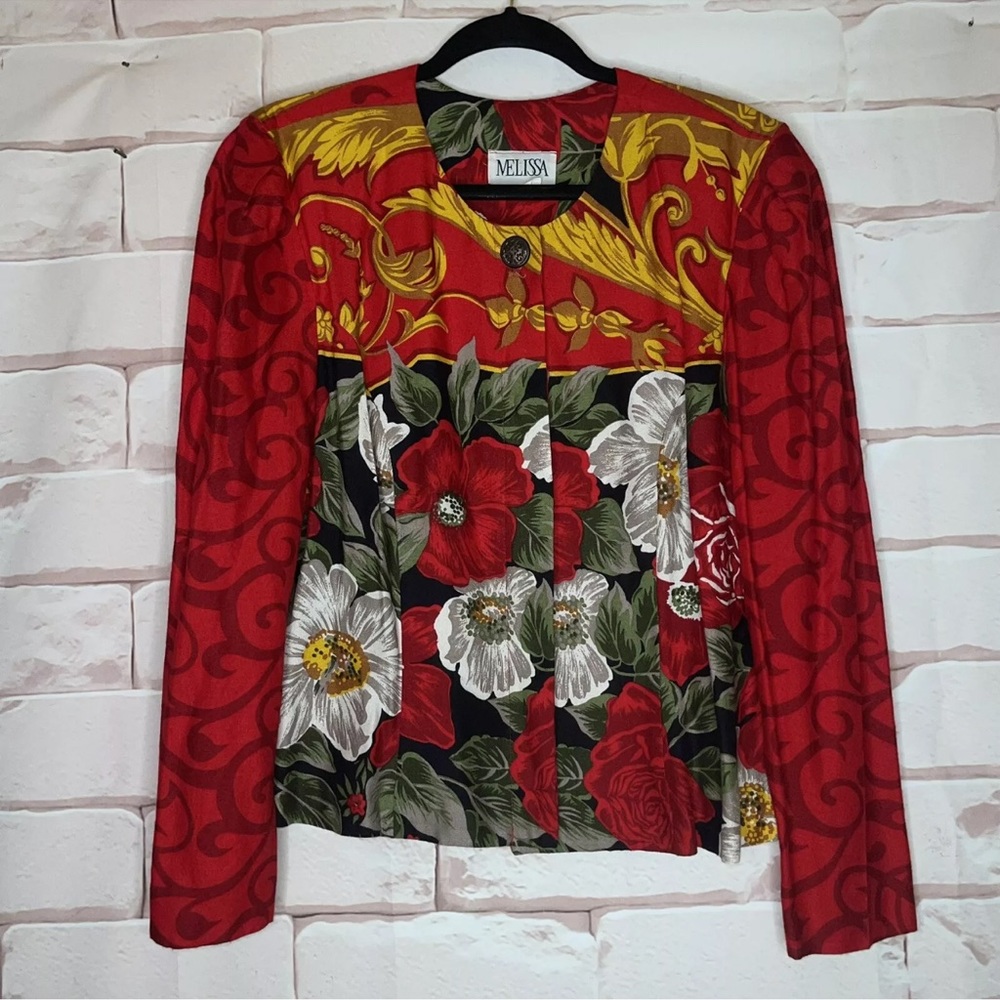 Vintage Size 14 Melissa Top MIDI USA Red Floral Bright